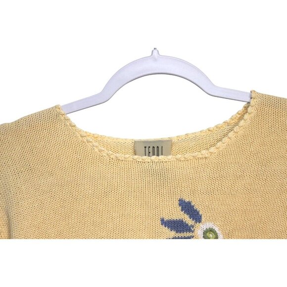 Vintage Knit Blouse Petite Large Butter Yellow Flower Butterfly Ramie 90s Retro - Picture 4 of 8